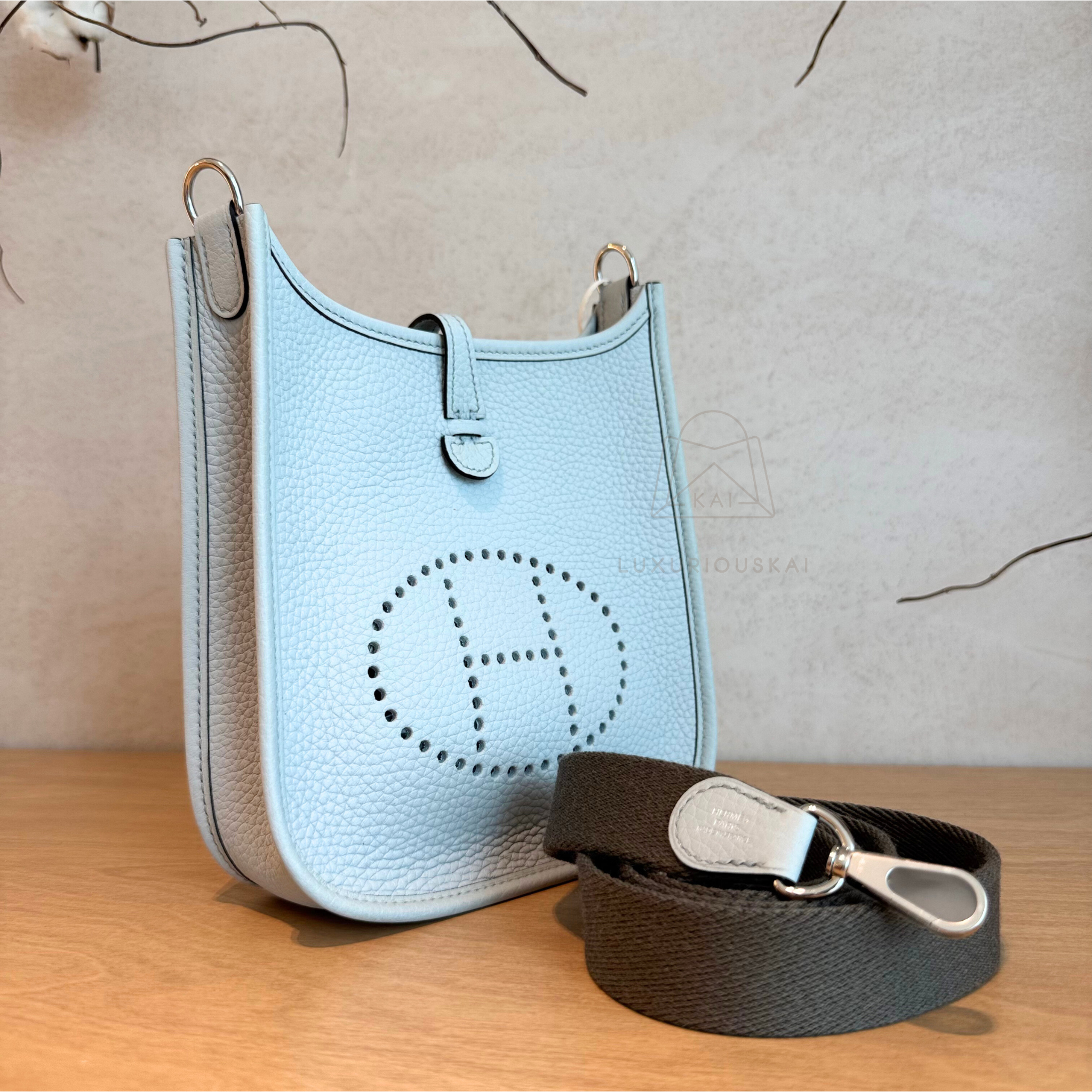 Hermès Mini Evelyne Blue Pale (Palladium Hardware)