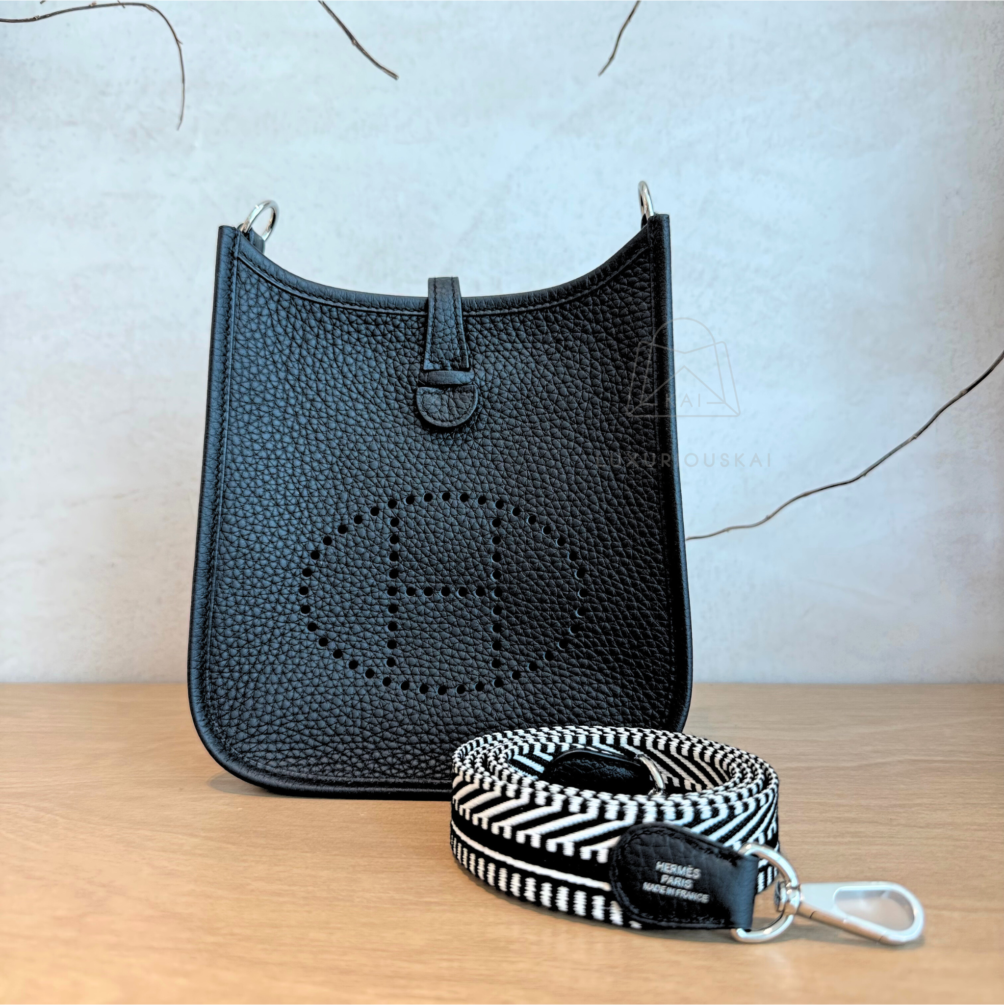 Hermès Mini Evelyne Black (Palladium Hardware) with Amazon Strap